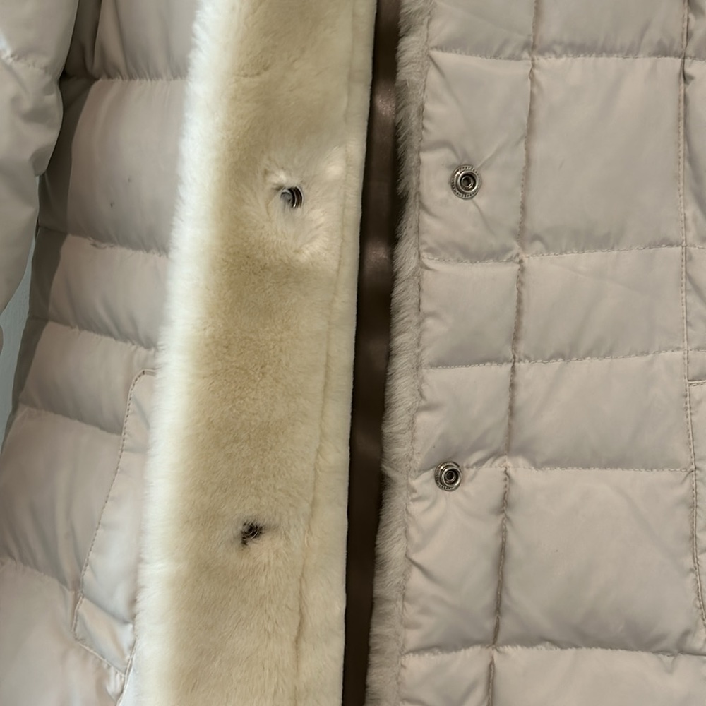Like New! Long Cream Puffer Coat w/Faux Fur Lined Detachable Hood and Accents - Picture 2 of 9
